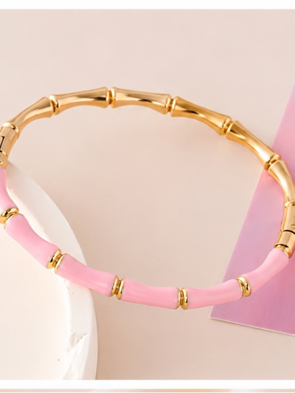 Light Pink Bamboo Inspired Bangle Bracelet Gold Tone